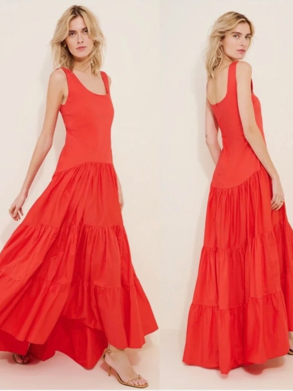 Erika Peña Selena Maxi Dress Coral Red Tiered Boho Resort Dress